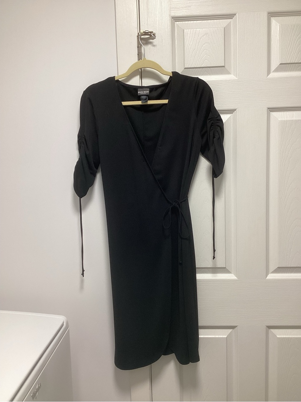 Beautiful Bisou Bisou Black Wrap Black Dress with Ruched Tie Sleeves